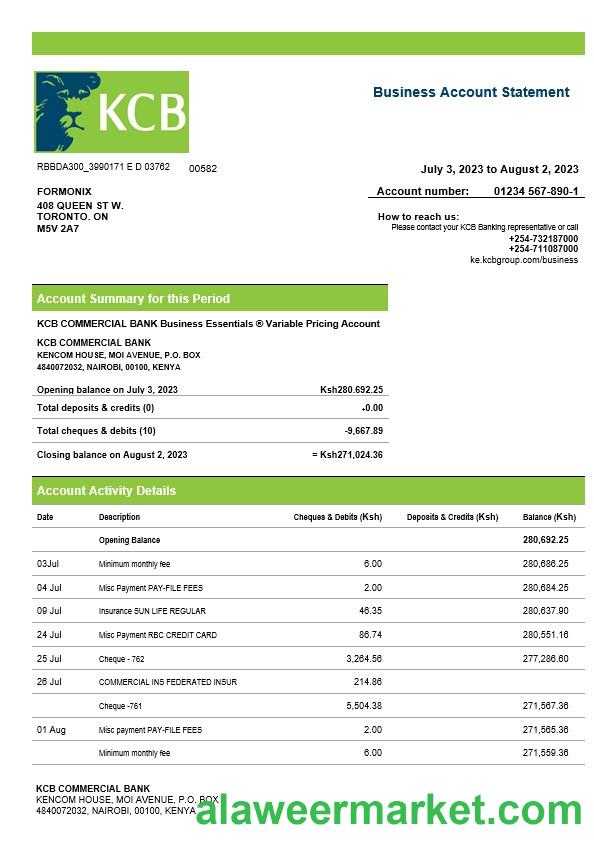 Kenya Commercial Bnak firm account statement Word and PDF template